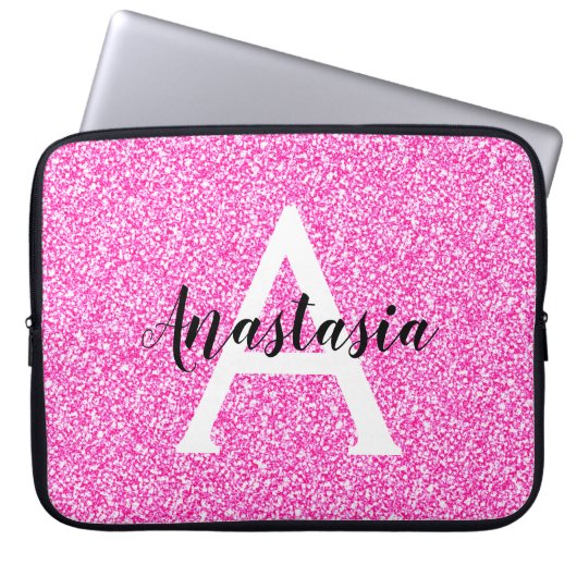 Girly Glam Hot Pink Glitzer Glitzern Monogram Name Laptopschutzhülle (Vorderseite)