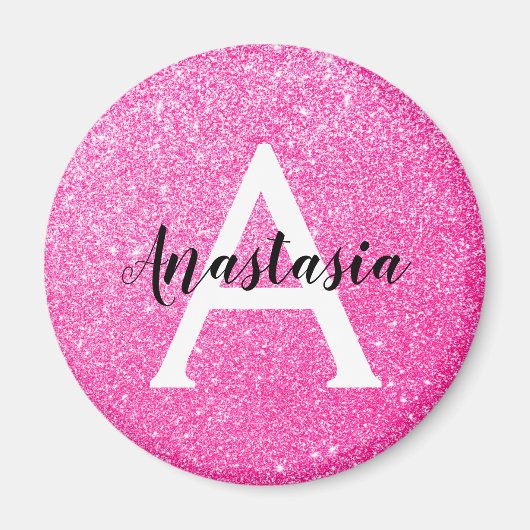 Girly Glam Hot Pink Glitzer Glitzern Monogram Name Magnet (Vorne)