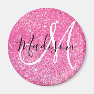 Girly Glam Hot Pink Glitzer Glitzern Monogram Name Magnet