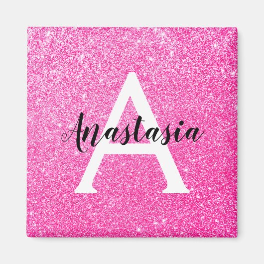 Girly Glam Hot Pink Glitzer Glitzern Monogram Name Magnet (Vorne)
