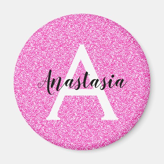 Girly Glam Hot Pink Glitzer Glitzern Monogram Name Magnet (Vorne)