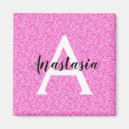 Girly Glam Hot Pink Glitzer Glitzern Monogram Name Magnet (Vorne)