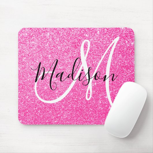Girly Glam Hot Pink Glitzer Glitzern Monogram Name Mousepad (Mit Mouse)