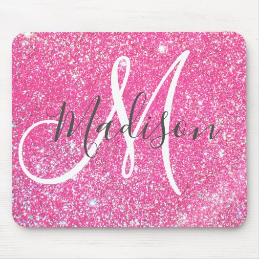 Girly Glam Hot Pink Glitzer Glitzern Monogram Name Mousepad (Vorne)