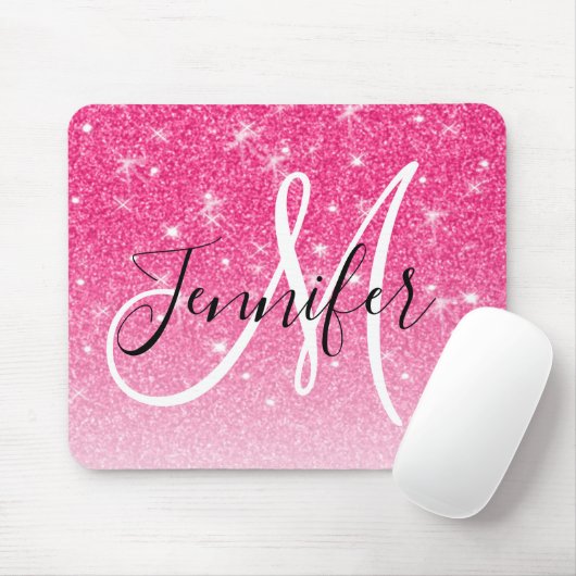 Girly Glam Hot Pink Glitzer Glitzern Monogram Name Mousepad (Mit Mouse)