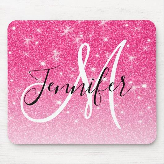 Girly Glam Hot Pink Glitzer Glitzern Monogram Name Mousepad (Vorne)