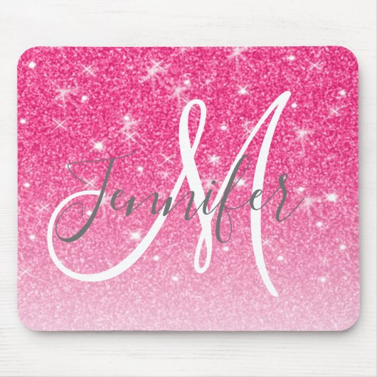 Girly Glam Hot Pink Glitzer Glitzern Monogram Name Mousepad (Vorne)