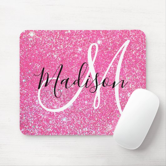 Girly Glam Hot Pink Glitzer Glitzern Monogram Name Mousepad (Mit Mouse)
