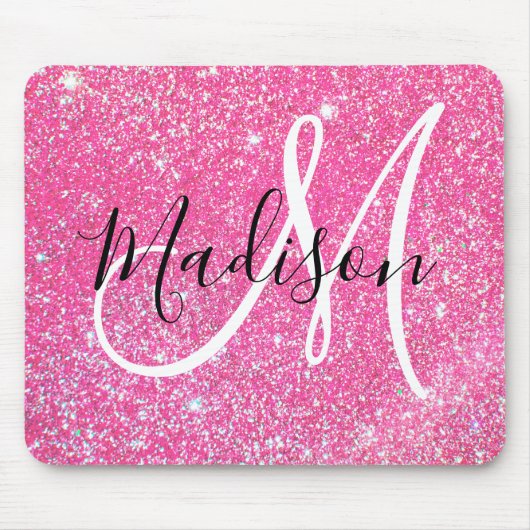 Girly Glam Hot Pink Glitzer Glitzern Monogram Name Mousepad (Vorne)
