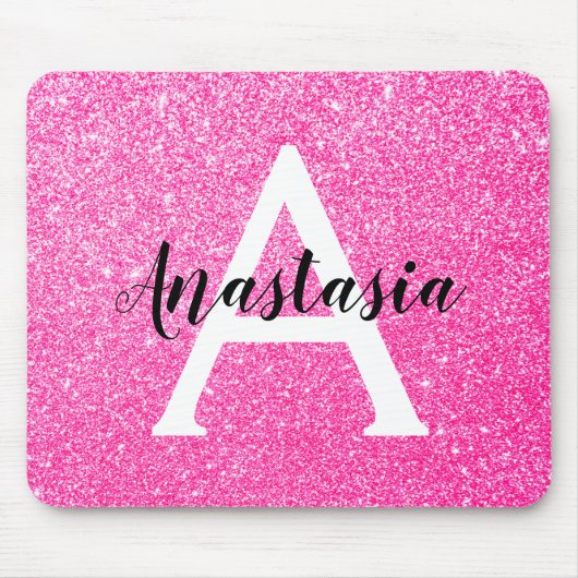 Girly Glam Hot Pink Glitzer Glitzern Monogram Name Mousepad (Vorne)