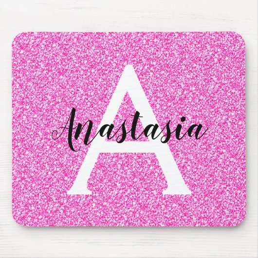 Girly Glam Hot Pink Glitzer Glitzern Monogram Name Mousepad (Vorne)