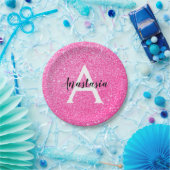 Girly Glam Hot Pink Glitzer Glitzern Monogram Name Pappteller (Party)