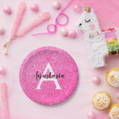 Girly Glam Hot Pink Glitzer Glitzern Monogram Name Pappteller (Party)