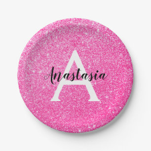 Girly Glam Hot Pink Glitzer Glitzern Monogram Name Pappteller