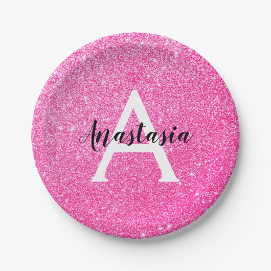 Girly Glam Hot Pink Glitzer Glitzern Monogram Name Pappteller (Vorderseite)