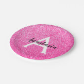 Girly Glam Hot Pink Glitzer Glitzern Monogram Name Pappteller (Schrägansicht)