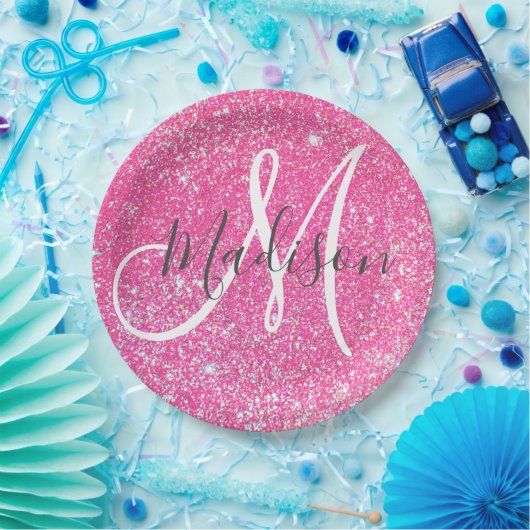 Girly Glam Hot Pink Glitzer Glitzern Monogram Name Pappteller (Party)