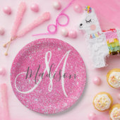 Girly Glam Hot Pink Glitzer Glitzern Monogram Name Pappteller (Party)