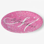Girly Glam Hot Pink Glitzer Glitzern Monogram Name Pappteller (Schrägansicht)