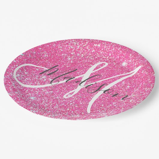 Girly Glam Hot Pink Glitzer Glitzern Monogram Name Pappteller (Schrägansicht)