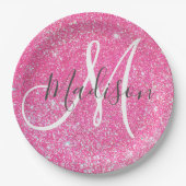 Girly Glam Hot Pink Glitzer Glitzern Monogram Name Pappteller (Vorderseite)