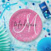 Girly Glam Hot Pink Glitzer Glitzern Monogram Name Pappteller (Party)