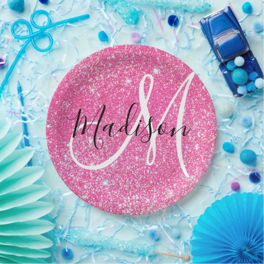 Girly Glam Hot Pink Glitzer Glitzern Monogram Name Pappteller (Party)