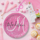 Girly Glam Hot Pink Glitzer Glitzern Monogram Name Pappteller (Party)
