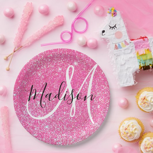 Girly Glam Hot Pink Glitzer Glitzern Monogram Name Pappteller (Party)