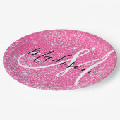 Girly Glam Hot Pink Glitzer Glitzern Monogram Name Pappteller (Schrägansicht)