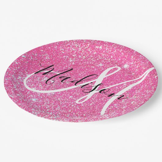 Girly Glam Hot Pink Glitzer Glitzern Monogram Name Pappteller (Schrägansicht)
