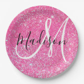 Girly Glam Hot Pink Glitzer Glitzern Monogram Name Pappteller (Vorderseite)