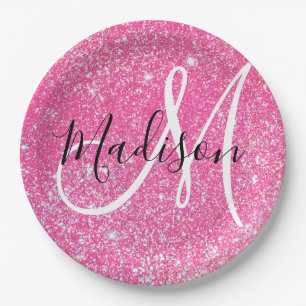 Girly Glam Hot Pink Glitzer Glitzern Monogram Name Pappteller