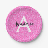 Girly Glam Hot Pink Glitzer Glitzern Monogram Name Pappteller (Vorderseite)