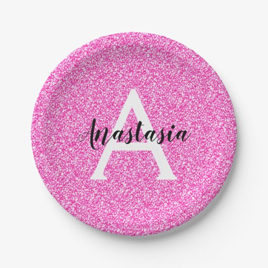 Girly Glam Hot Pink Glitzer Glitzern Monogram Name Pappteller (Vorderseite)