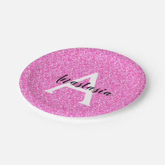 Girly Glam Hot Pink Glitzer Glitzern Monogram Name Pappteller (Schrägansicht)