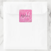 Girly Glam Hot Pink Glitzer Glitzern Monogram Name Quadratischer Aufkleber (Tasche)