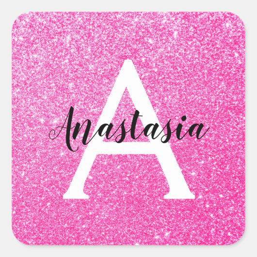 Girly Glam Hot Pink Glitzer Glitzern Monogram Name Quadratischer Aufkleber (Vorderseite)