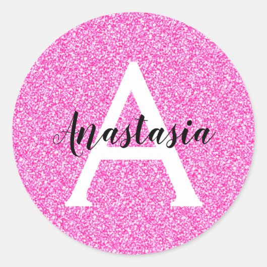 Girly Glam Hot Pink Glitzer Glitzern Monogram Name Runder Aufkleber (Vorderseite)