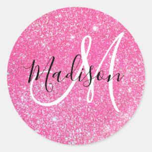 Girly Glam Hot Pink Glitzer Glitzern Monogram Name Runder Aufkleber