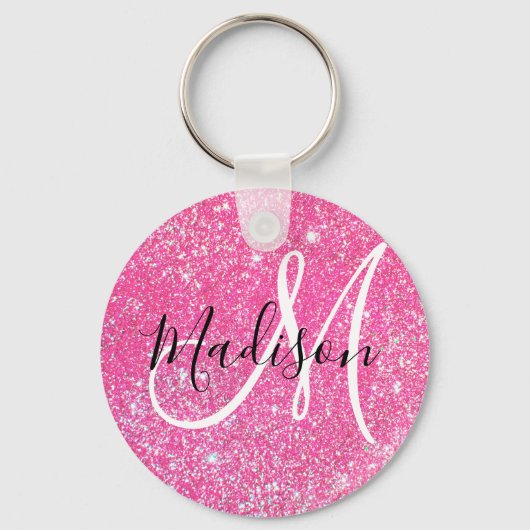 Girly Glam Hot Pink Glitzer Glitzern Monogram Name Schlüsselanhänger (Vorderseite)