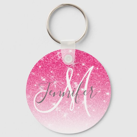 Girly Glam Hot Pink Glitzer Glitzern Monogram Name Schlüsselanhänger (Vorderseite)