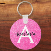 Girly Glam Hot Pink Glitzer Glitzern Monogram Name Schlüsselanhänger (Vorderseite)