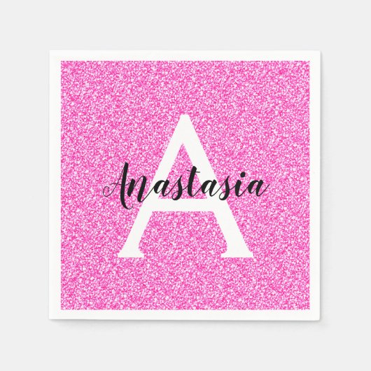 Girly Glam Hot Pink Glitzer Glitzern Monogram Name Serviette (Vorderseite)