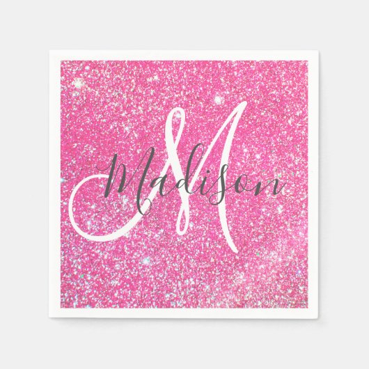 Girly Glam Hot Pink Glitzer Glitzern Monogram Name Serviette (Vorderseite)