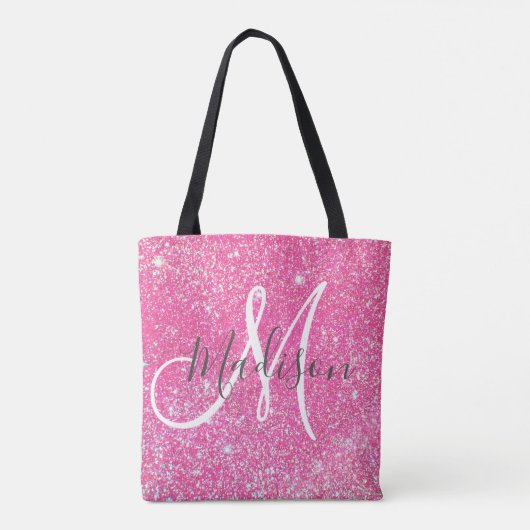 Girly Glam Hot Pink Glitzer Glitzern Monogram Name Tasche (Rückseite)