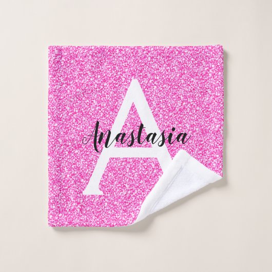 Girly Glam Hot Pink Glitzer Glitzern Monogram Name Waschlappen (Waschlappen)
