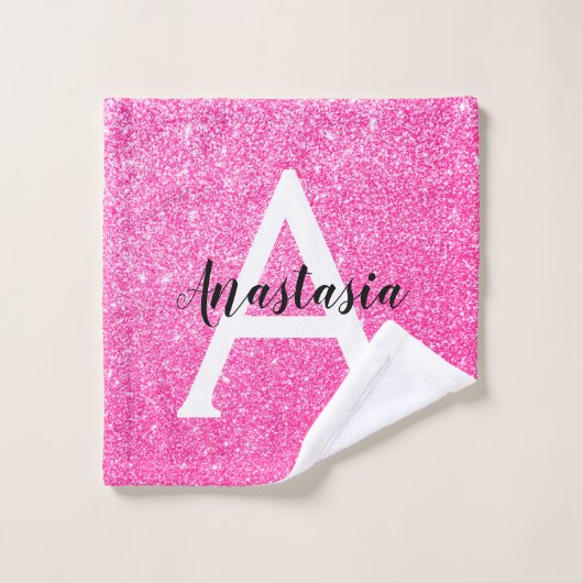 Girly Glam Hot Pink Glitzer Glitzern Monogram Name Waschlappen (Waschlappen)