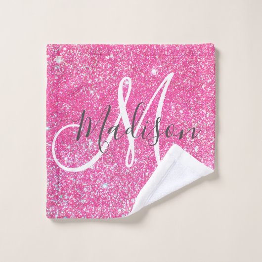 Girly Glam Hot Pink Glitzer Glitzern Monogram Name Waschlappen (Waschlappen)