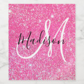 Girly Glam Hot Pink Glitzer Glitzern Monogram Name Weinetikett (Einzelnes Label)